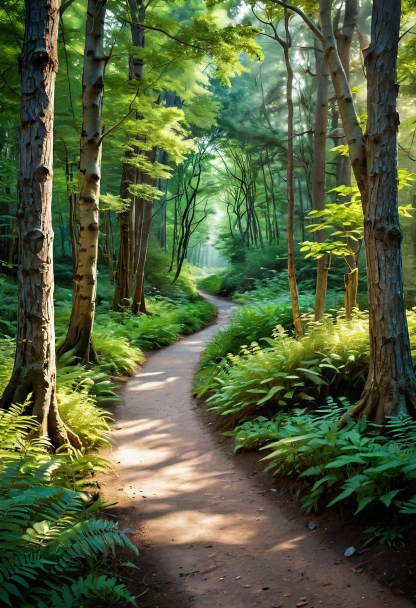 A serene path winding through a lush, tranquil forest, symbolizing the journey through cancer treatment, with guiding signs showcasing essential insights in oncology. Include soft light filtering through the trees, creating a hopeful atmosphere. Use imagery of various medical symbols subtly integrated along the path. super-realistic. vibrant colors. calming background.