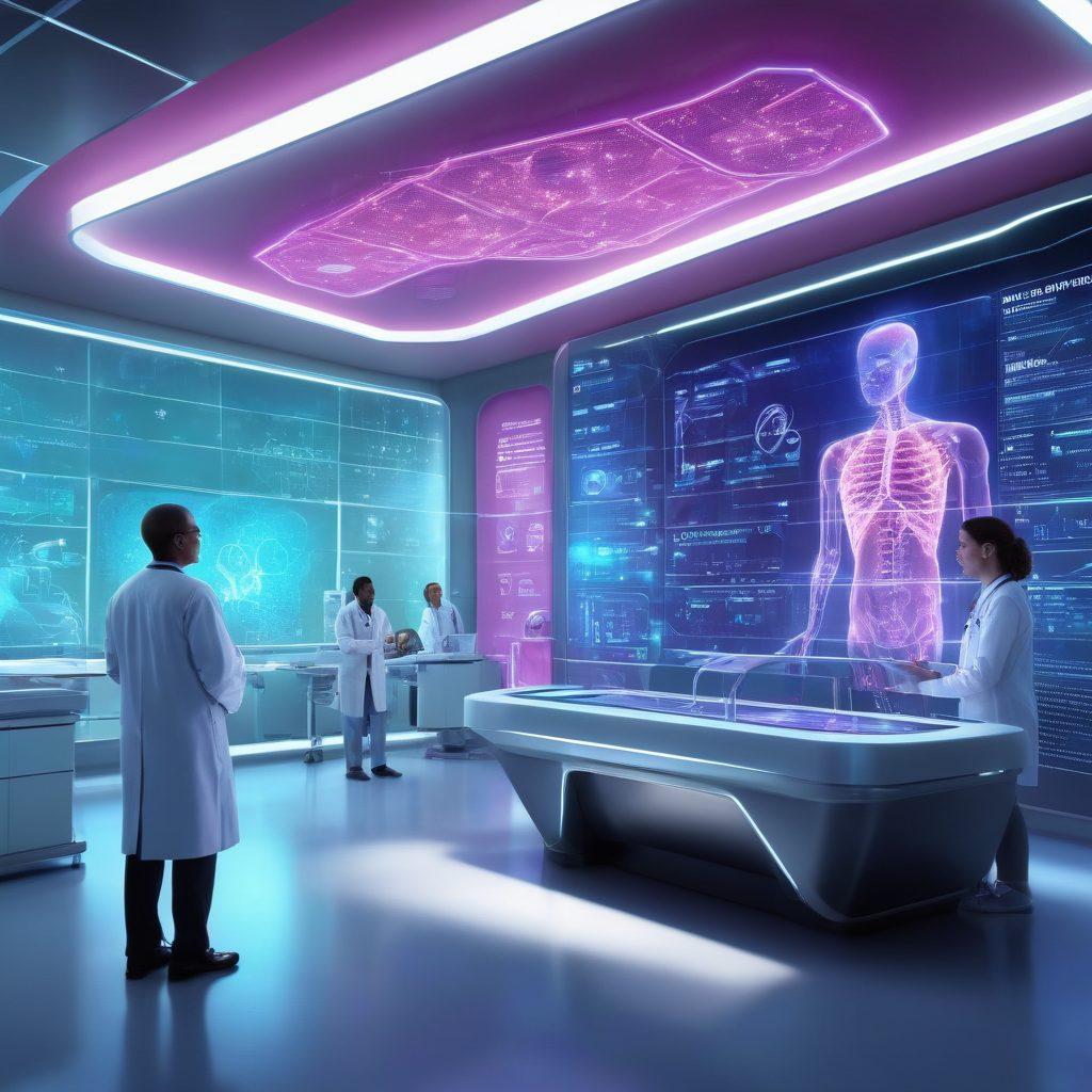 A futuristic hospital setting with advanced technology and healthcare professionals discussing a glowing holographic display of innovative oncology treatments. Include diverse patients and a vibrant environment highlighting hope and healing. Integrate elements like DNA strands and cancer cells for a scientific touch. super-realistic. vibrant colors. modern design.